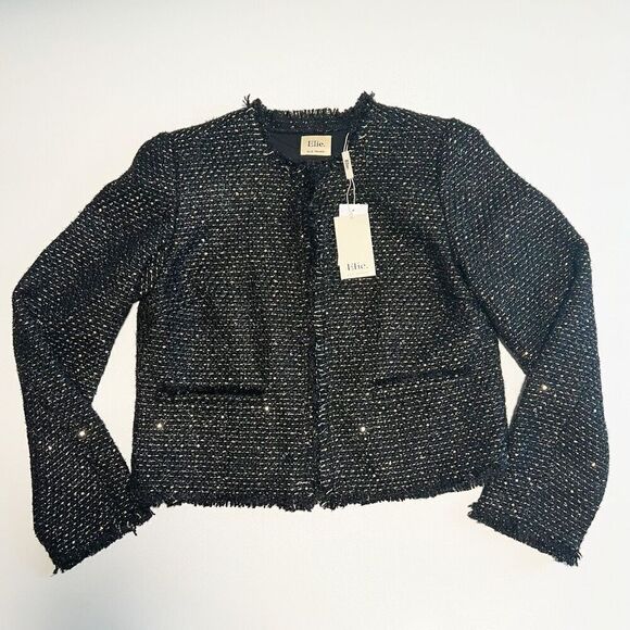 Elie Tahari Black Metallic Tweed  Wool Blend Jacket Fringe Trim Size 10 NWT - Picture 1 of 14